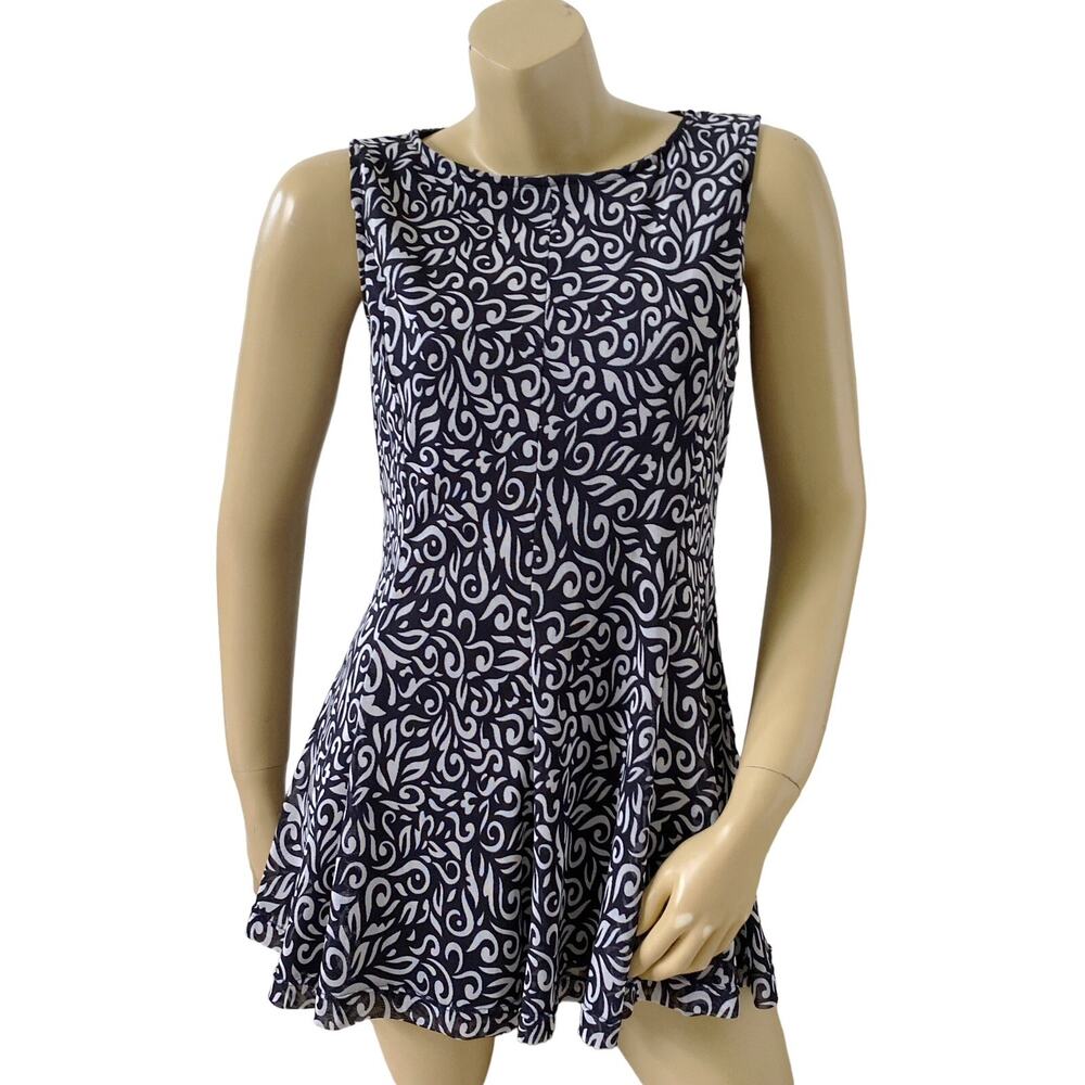Haani Peplum Top Womens Petite Medium Blue White Tribal Tunic Sleeveless Lined